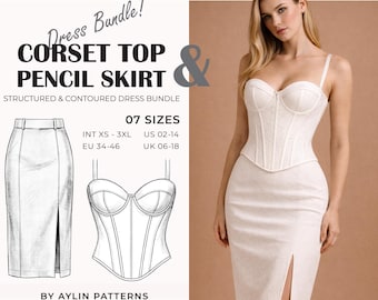 Corset Top & Pencil Skirt Pattern | Two Piece Dress Set | Corset + Skirt Dress Pattern | Fitted Outfit Pattern | Wedding Guest Outfit