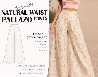Palazzo Pants Sewing Pattern | High Waist Wide Leg Trousers | Women Pants Pattern | Beginner Friendly | XS - 3XL | A4 A0 US | PDF