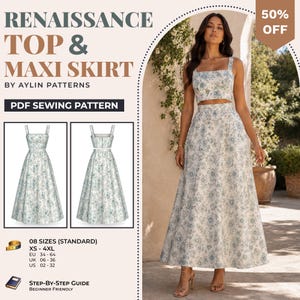 Puede incluir: Un patrón de costura PDF de top y falda larga Renaissance de Aylin Patterns. El conjunto presenta tela blanca con estampado floral azul, incluyendo un top corto de cuello cuadrado y una falda larga de cintura alta. 08 tallas de XS a 4XL.