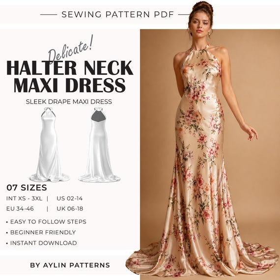 bridesmaid dress sewing patterns uk Halter Neck Maxi Pattern | Prom Dress Pattern | Backless Evening Dress | Dress Pattern | XS–3XL | A4 A0 US | PDF Blue tights to the Style:Size 14 High Neck