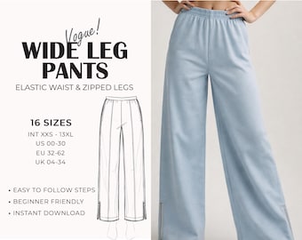 Wide Leg Pants Pattern | Elastic Waist Pants PDF Pattern | Women Trousers | In Seam Pockets | XXS – 13XL | Beginner Friendly | A0 & A4