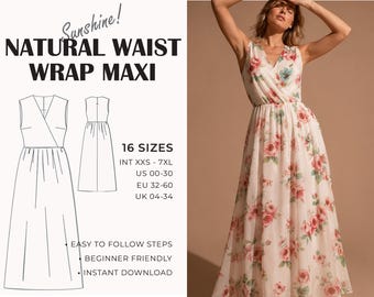 Maxi Dress Sewing Pattern | Surplice Neck  Dress Pattern| Sleeveless Summer Dress | Evening Dress | Plus Size | A4 A0 US Letter | XXS - 7XL