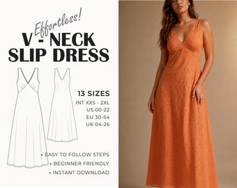 Bias Cut Midi Dress Sewing Pattern | V-Neck Slip Dress | Prom Dress | Linen Dress | Evening Dress Pattern | Plus Size | XS - 3XL | A4 & US