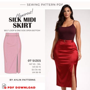 Puede incluir: Un patrón de costura PDF para una falda midi de seda con trabilla y abertura lateral. Incluye tallas XS-3XL. La imagen muestra una ilustración de falda rosa y una mujer con una falda roja con cinturón.