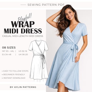 Patrón de vestido cruzado / Patrón de bata kimono / Patrón de vestido con escote en V / Patrón de vestido de lino / Ideal para principiantes / XS–4XL / A0 A4 EE. UU.