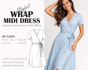 Wrap Dress Sewing Pattern | Kimono Robe Pattern | V-Neck Dress Pattern | Linen Dress Sewing Pattern | Beginner Friendly | XS– 4XL | A0 A4 US