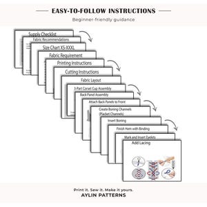 K&ouml;nnte beinhalten: Eine Reihe gestapelter Anleitungsseiten mit den Titeln EASY-TO-FOLLOW INSTRUCTIONS und AYLIN PATTERNS. Die Seiten beschreiben N&auml;hschritte wie Materialliste, Stoffempfehlungen, Gr&ouml;&szlig;entabelle XS-XXXL, Stoffbedarf, Drucken, Zuschneiden, Layout, Korsett-Montage, R&uuml;ckenteile, St&auml;bchenkan&auml;le, St&auml;bchen einsetzen, Saum, &Ouml;sen und Schn&uuml;rung.