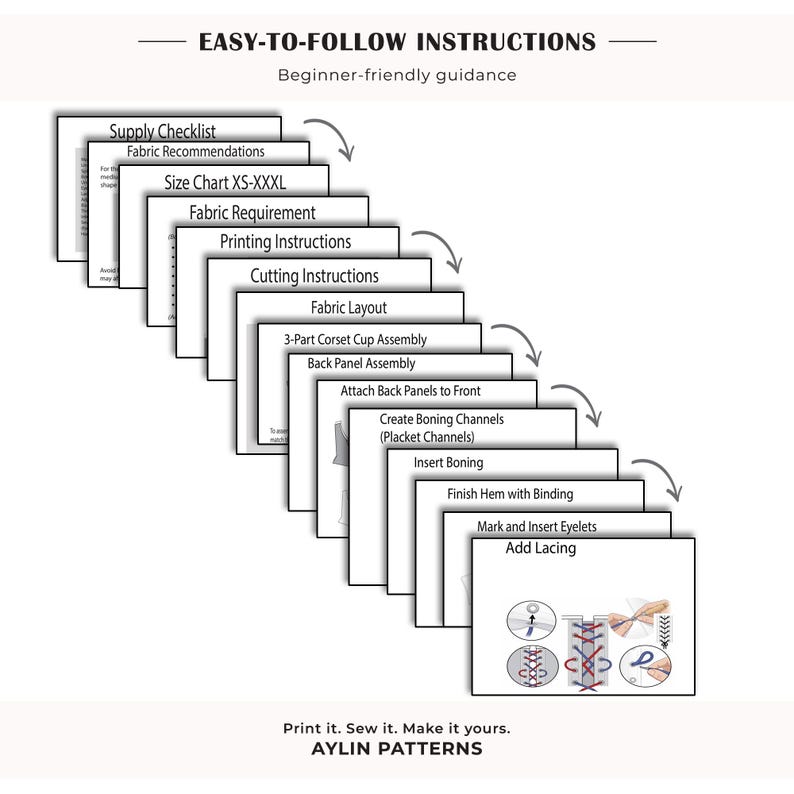 K&ouml;nnte beinhalten: Eine Reihe gestapelter Anleitungsseiten mit den Titeln EASY-TO-FOLLOW INSTRUCTIONS und AYLIN PATTERNS. Die Seiten beschreiben N&auml;hschritte wie Materialliste, Stoffempfehlungen, Gr&ouml;&szlig;entabelle XS-XXXL, Stoffbedarf, Drucken, Zuschneiden, Layout, Korsett-Montage, R&uuml;ckenteile, St&auml;bchenkan&auml;le, St&auml;bchen einsetzen, Saum, &Ouml;sen und Schn&uuml;rung.