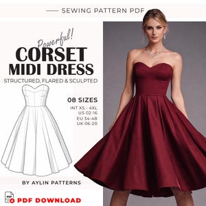 May include: A burgundy strapless midi dress with a structured bodice and flared skirt. The image also features a line drawing of the dress and text that reads "CORSET MIDI DRESS" and "PDF DOWNLOAD". The pattern is available in sizes XS to 4XL.