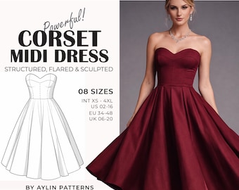 Corset Dress Pattern | Strapless Corset Midi Dress Pattern | Prom Dress Pattern | Plus Size Corset | Corset Sewing Pattern | XS-4XL