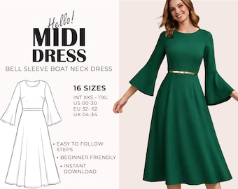 Bell Sleeve Midi Dress Pattern | A-Line Dress Pattern | Flared Long Sleeves Pattern | XXS - 11XL | Digital Download | Beginner Friendly