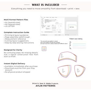 K&ouml;nnte beinhalten: Ein digitales Schnittmuster-Informationsblatt mit dem Titel WHAT IS INCLUDED. Es listet Multi-Format-Dateien wie A4, A0 und US Letter, eine Anleitung und Designdetails auf. Enth&auml;lt eine Grafik eines Druckdialogfelds und farbcodierte Gr&ouml;&szlig;enlinien.