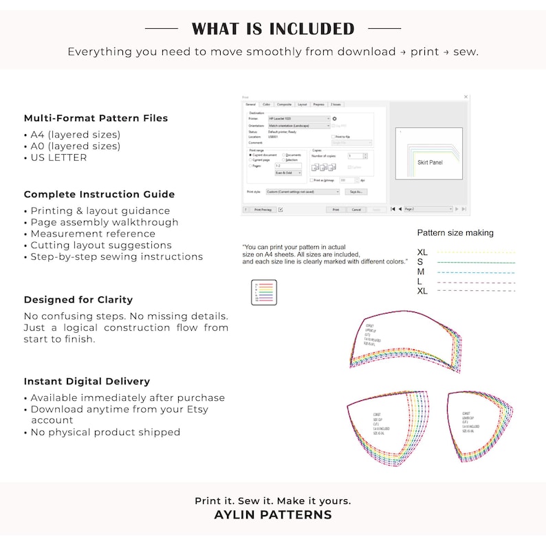 K&ouml;nnte beinhalten: Ein digitales Schnittmuster-Informationsblatt mit dem Titel WHAT IS INCLUDED. Es listet Multi-Format-Dateien wie A4, A0 und US Letter, eine Anleitung und Designdetails auf. Enth&auml;lt eine Grafik eines Druckdialogfelds und farbcodierte Gr&ouml;&szlig;enlinien.