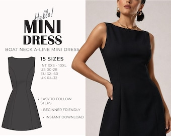 Boat Neck Mini Dress Sewing Pattern | A Line Dress Pattern | Sleeveless Top Pattern PDF | Princess Seams | Summer Outfit | XS-3XL | A0 & A4