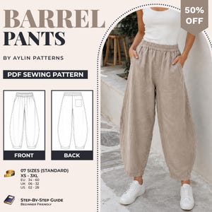 May include: A PDF sewing pattern for barrel pants by Aylin Patterns. The image displays a beige pair of barrel-leg pants with an elastic waistband and side pockets, alongside technical line drawings showing front and back views with size ranges.