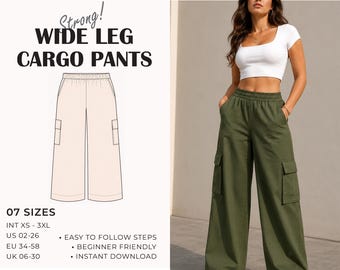 Wide Leg Cargo Pants Sewing Pattern PDF | Elastic Waist Woman Trousers | Cargo Pants Pattern | Size Inclusive XS-3XL | Instant Download