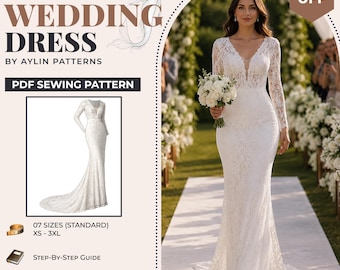 Mermaid Wedding Dress Pattern | Bridal Dress Pattern | Long Sleeve Wedding Gown | Illustrated Instructions | Plus Size | XS-3XL | A0 A4 US