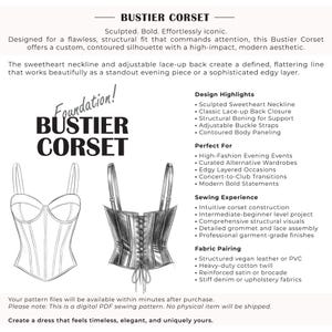 K&ouml;nnte beinhalten: Ein digitales Schnittmuster f&uuml;r ein Korsett-Bustier mit herzf&ouml;rmigem Ausschnitt, verstellbaren Schnallentr&auml;gern und Schn&uuml;rung am R&uuml;cken. Das Bild zeigt technische Skizzen der Vorder- und R&uuml;ckansicht sowie Text mit Details zu Design-Highlights, N&auml;herfahrung und Stoffempfehlungen.