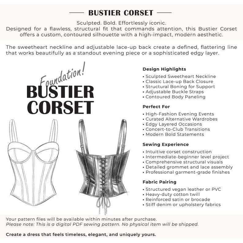 K&ouml;nnte beinhalten: Ein digitales Schnittmuster f&uuml;r ein Korsett-Bustier mit herzf&ouml;rmigem Ausschnitt, verstellbaren Schnallentr&auml;gern und Schn&uuml;rung am R&uuml;cken. Das Bild zeigt technische Skizzen der Vorder- und R&uuml;ckansicht sowie Text mit Details zu Design-Highlights, N&auml;herfahrung und Stoffempfehlungen.
