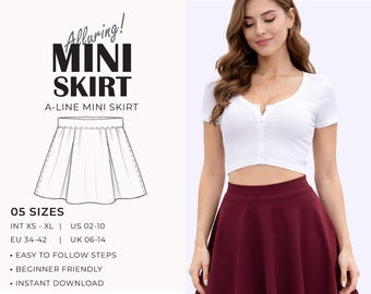 Mini Skirt Sewing Pattern | High Waist A-Line Skirt Sewing Pattern PDF | Beginner Friendly | XS–XL | Included A4 & A0