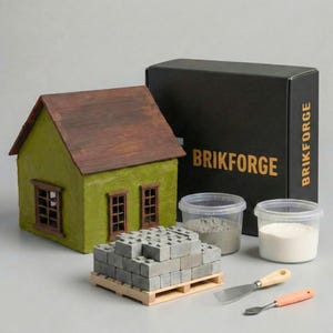 Puede incluir: Una maqueta de casa en miniatura con exterior verde y tejado marrón, acompañada de una pila de ladrillos grises sobre una paleta de madera, recipientes con materiales y herramientas. La caja negra tiene impreso "BRIKFORGE".