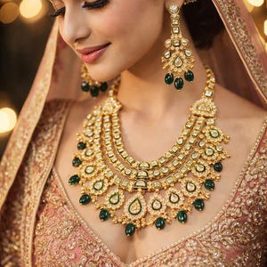 Pode incluir: Um conjunto de colar e brincos dourados com detalhes em verde esmeralda. O colar apresenta várias camadas de design intrincado, com pingentes em forma de gota. Os brincos espelham o design do colar. A joia é usada sobre uma peça de roupa bordada em rosa e dourado.