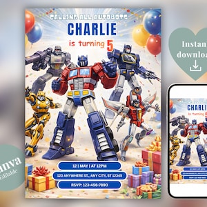 Transformers Rescue Bots Birthday Invitation, Optimus Prime Bumblebee Party Template (Digital Download)
