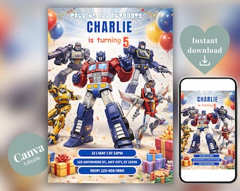 Transform Rescue Bots Birthday Invitation, Optimus Prime Bumblebee Party Template (Digital Download)
