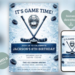 Bearbeitbare Hockey-Geburtstags-Einladung, Eislaufen-Party-Vorlage (Digitaler Download)
