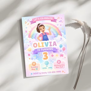May include: A colorful birthday party invitation with the text "LET'S CELEBRATE!" and "OLIVIA IS TURNING 3". The design includes a cartoon girl, rainbow, clouds, stars, and balloons. The invitation also includes the date, time, and location.