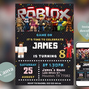 May include: A black and white Roblox-themed birthday party invitation. The invitation features Roblox characters, the text "GAME ON," and details for the party, including the name "JAMES" and the date, August 25th. A phone displays the invitation.