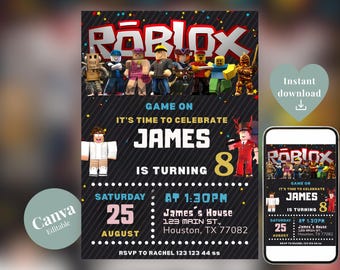 Roblox Birthday Invitation, Game On Party, Editable Avatar Template (Digital Download)