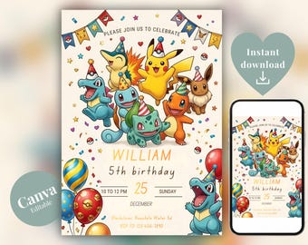 Invito di compleanno Pokemon, modello di invito per festa per bambini modificabile, biglietto di compleanno modificabile Canva, download immediato