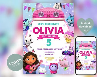 Gabby's Dollhouse Birthday Invitation, Editable Cat-tastic Party Template (Instant Download)