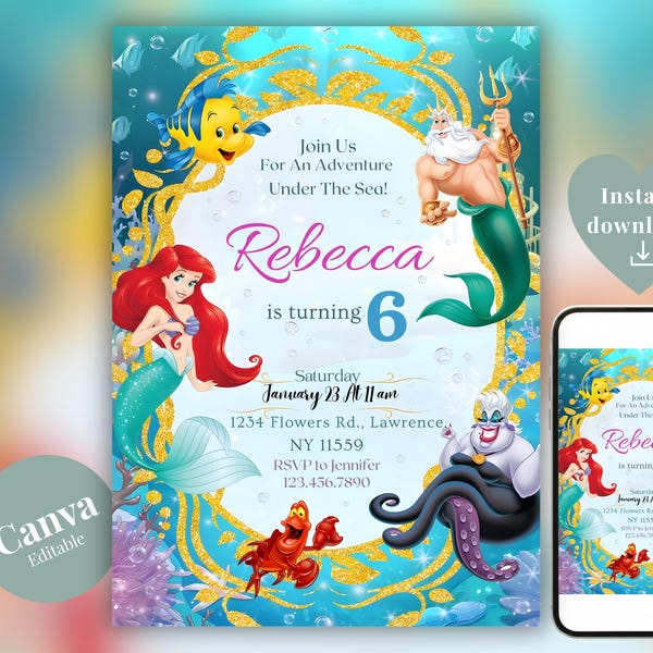 Ariel Birthday Invitation, Little Mermaid Party Invite, Under the Sea Template (Digital Download)