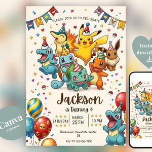 Könnte beinhalten: Eine Geburtstagseinladung mit Zeichentrickfiguren, Luftballons und Konfetti. Die Einladung enthält den Text "Jackson wird 4" mit Veranstaltungsdetails. Ein Mobiltelefon zeigt eine kleinere Version der Einladung. Das Design ist in Canva editierbar.