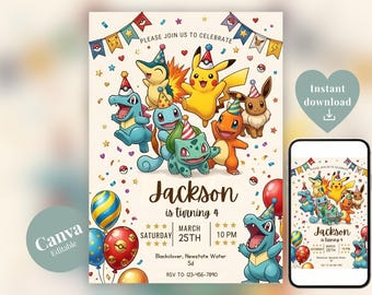 Bearbeitbare Einladung zum Geburtstag eines gelben Monsters, Einladung zur Anime-Gamer-Party, Vorlage für eine Geburtstagsparty mit Taschenmonstern, Sofortiger digitaler Download