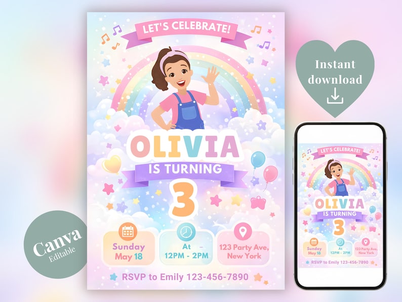 Ms. Rachel Birthday Invitation, Toddler Party Template, Editable Canva Invite (Digital Download) image 1