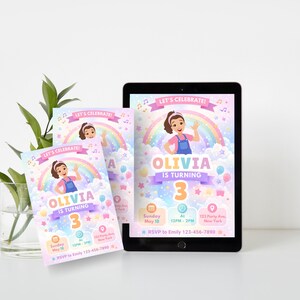 May include: A digital invitation for a third birthday party. The design features a cartoon girl, a rainbow, and the text "Olivia is Turning 3." The invitation is displayed on a tablet and printed cards.