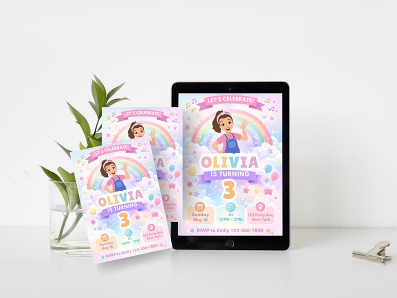 May include: A digital invitation for a third birthday party. The design features a cartoon girl, a rainbow, and the text "Olivia is Turning 3." The invitation is displayed on a tablet and printed cards.