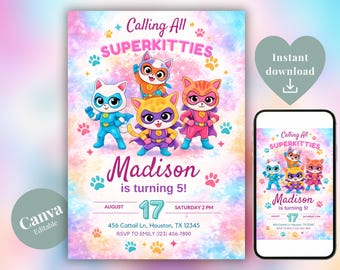 Super Kitties Birthday Invitation, Cat Girl Party Template (Digital Download)