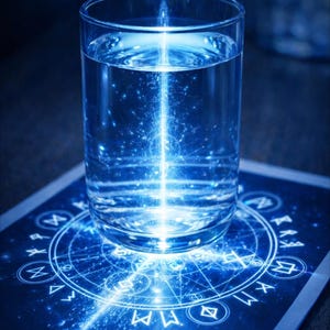 Puede incluir: Un vaso transparente lleno de agua, iluminado por una luz azul brillante. El vaso se encuentra sobre una superficie azul oscuro con un diseño circular brillante con símbolos y texto, creando una estética mística.