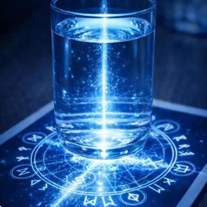 May include: A clear glass of water with a bright blue light shining through it. The glass sits on a blue surface with a circular design and symbols. The image has a mystical or spiritual theme.