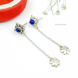 Natural Lapis Lazuli Chain Drop Earrings 925 Sterling Silver Floral Petal Stud Dangle
