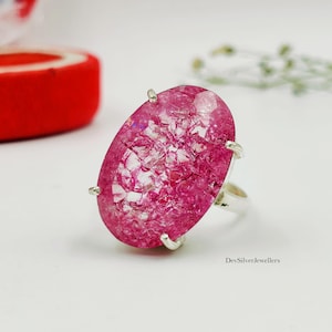 Natural Large Pink Crackle Quartz Ring 925 Sterling Silver Oval Statement Prongs Setting Gift