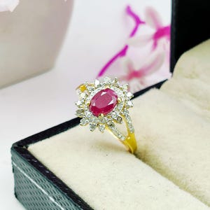 Natural Ruby Ring 925 Sterling Silver Oval Cut Diamond Cluster Starburst Gold Plated Jewelry
