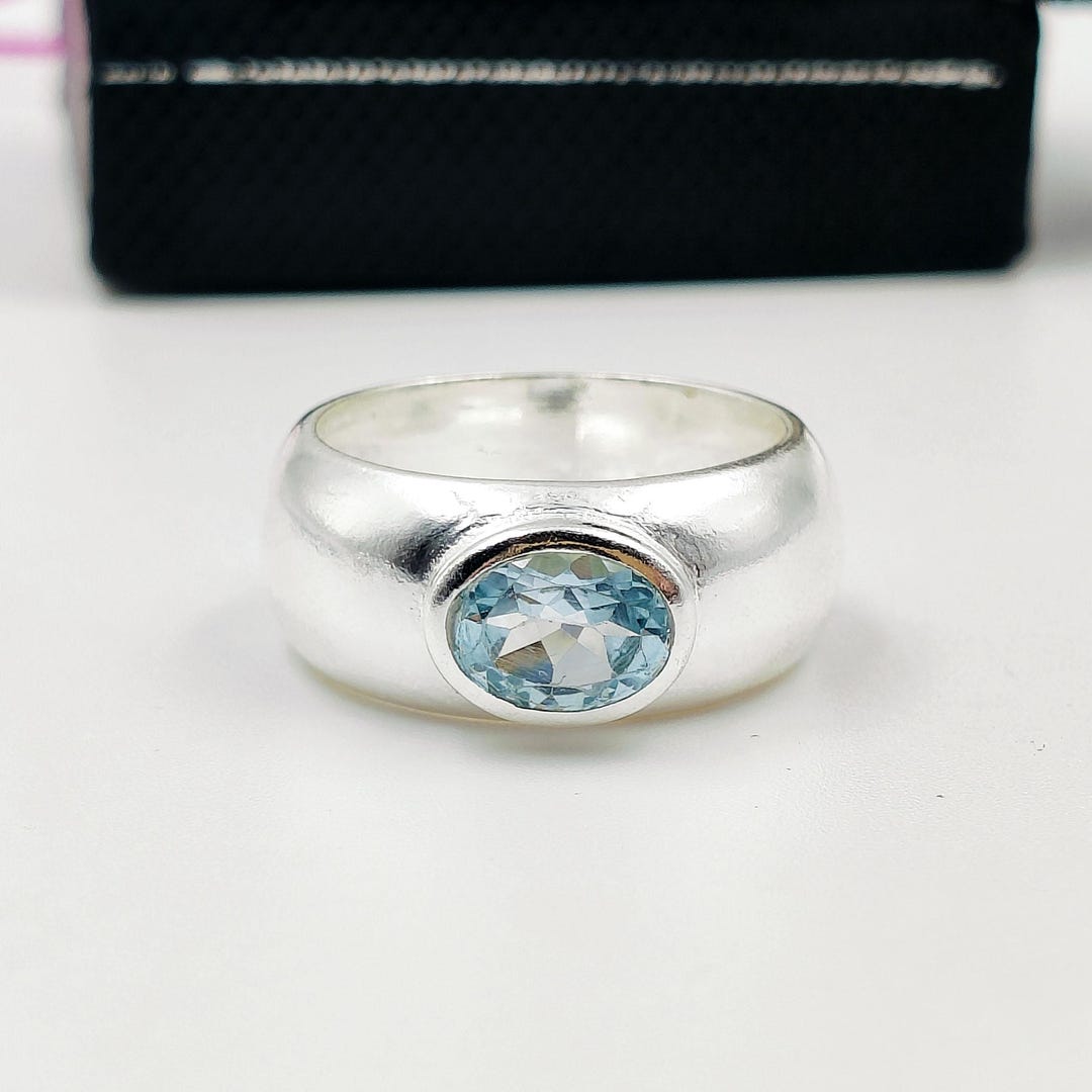 Heavy Natural Blue Topaz 925 Sterling Silver Ring Dome Solitaire Band ...