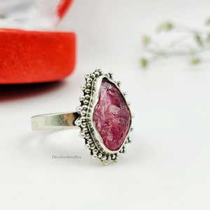 Natural Raw Pink Ruby Ring 925 Sterling Silver Beaded Edge Rough Gemstone Statement Gift