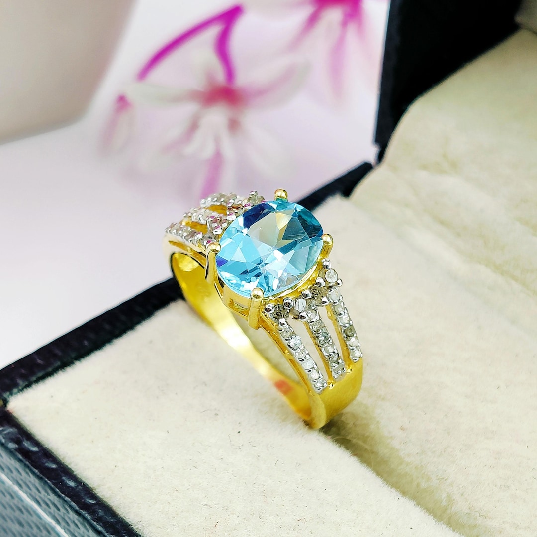 Natural Swiss Blue Topaz Oval Cut Ring 925 Sterling Silver Diamond Gold ...