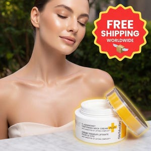 K&ouml;nnte beinhalten: Ein wei&szlig;es Glas TL Advanced Tightening Neck Cream Plus mit gelbem Deckel, neben einer Frau mit geschlossenen Augen. Das Glas hat Text in Englisch und Franz&ouml;sisch. Ein rot-gelbes Schild im Hintergrund zeigt "FREE SHIPPING WORLDWIDE."